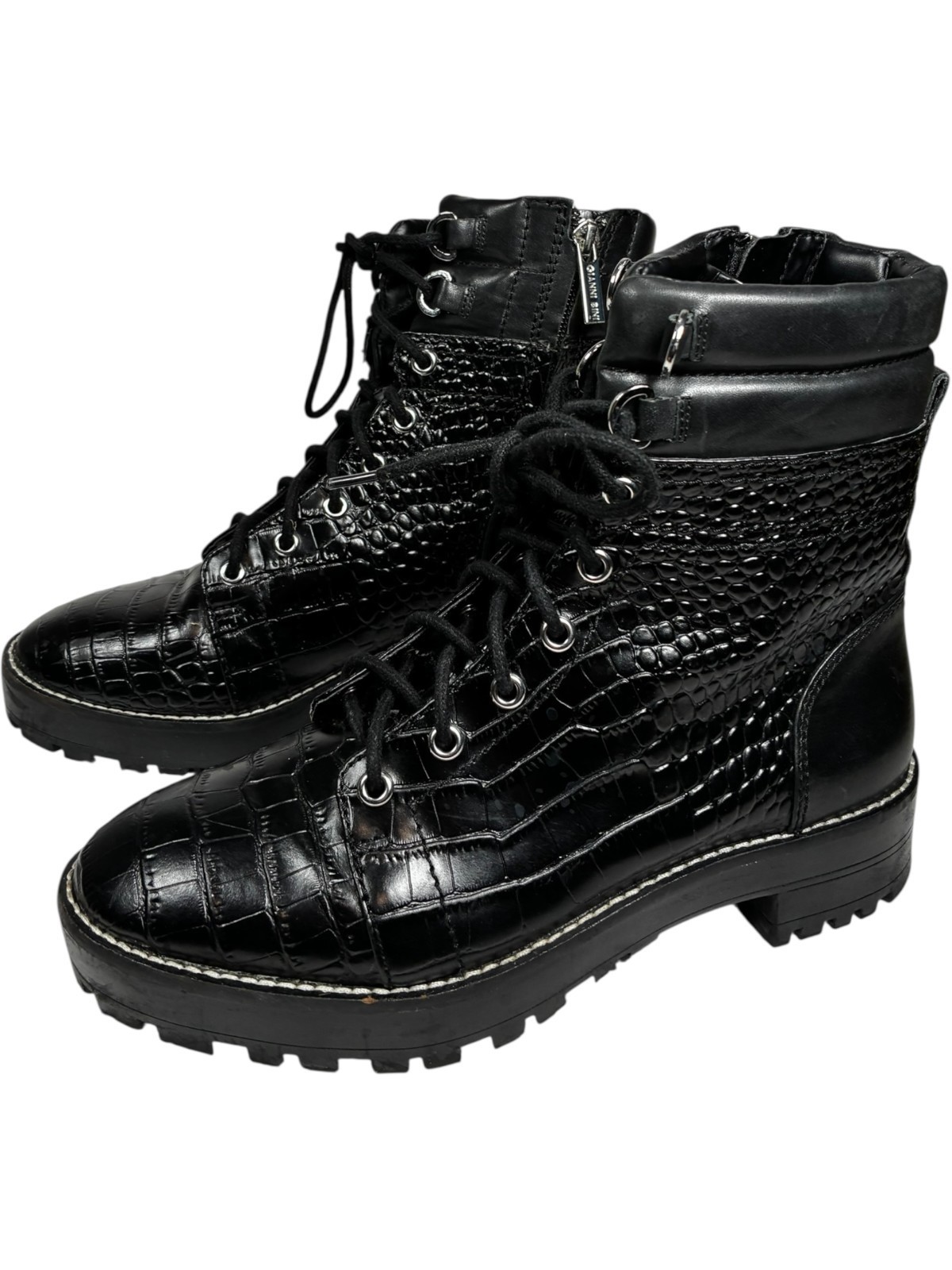 Gianni Bini women's Croc Embossed Black Leather Zip Lace-up Combat Boots size 8M Item image 8