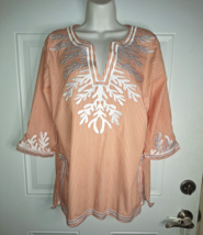 Gretchen Scott Orange Stripe Reef Embroidered Cotton Poplin Tunic Top Si... - $33.24