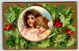 Christmas Postcard Cherub Angels Holly Leaves Vintage Embossed AMP Series 407 - £11.58 GBP