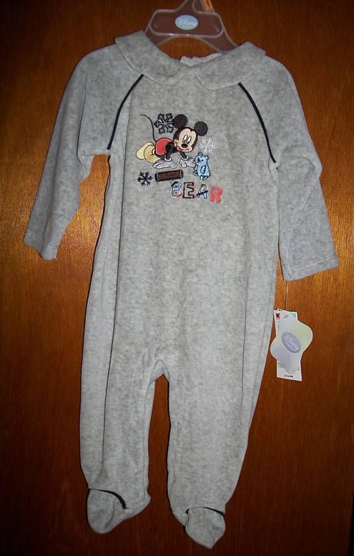 Primary image for Disney Mickey Mouse Baby Clothes 3M-6M Gray Footed Playsuit Outfit Hat Cap Set