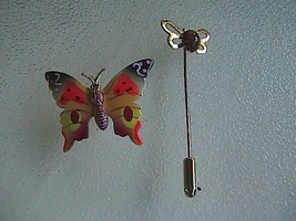 Vintage Gold Tone Cat Eye Hat Pin &amp; Enamel Butterfly Brooch - £9.65 GBP