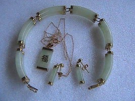 Vintage 14k Solid Yellow Gold Jadeite Jade Bracelet, Earrings &amp; Necklace Set - £599.51 GBP