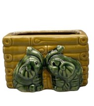 Vintage Majolica Ceramic Elephants &amp; Bamboo Planter Trunks Up 5&quot; x 2&quot; Green Gold - £10.62 GBP