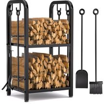 2-Tier Firewood Rack with 4 Detachable Tools for Fireplaces Black New - $128.65