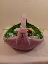 Hand Painted Pink Ceramic Easter Basket with 7 Personalized Decoupage Eggs - $23.76
