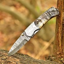 Hand Craft Damascus Steel Folding Blade Pocket Knife Tactical - Ram Horn... - $31.67
