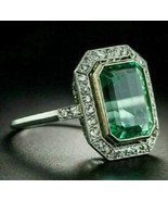 4.20Ct Emerald Cut Green Emerald Halo Engagement Ring 14K White Gold Finish - £109.09 GBP
