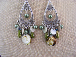 GREEN  AND WHITE SHELL AND BEADED TIBETAN SILVER ETCHED PIERCED EARRINGS - $9.49