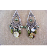 GREEN  AND WHITE SHELL AND BEADED TIBETAN SILVER ETCHED PIERCED EARRINGS - £7.58 GBP