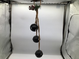 Rustic Farmhouse Christmas Hanging 3 Black Metal Jingle Bells Rope Pinec... - $24.70