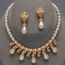 Gold tone Cream Pearl Crystal Bridal Evening necklace set clip earring mother of - £17.54 GBP