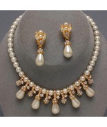 Gold tone Cream Pearl Crystal Bridal Evening necklace set clip earring m... - $30.18 CAD