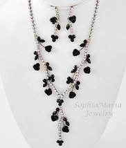 Black crystal hematite flower necklace set bridesmaid bridal party prom jewelry - $19.00