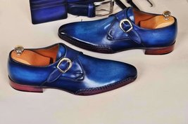 New Handmade Men&#39;s Monk-strap Bleached Blue Twisted Leather Sole Luxury ... - £124.96 GBP