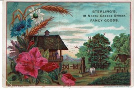 Victorian trade card Sterlings fancy goods c1883 tropical farm scene Tre... - $4.94