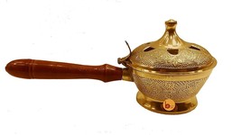 9&quot; Brass Charcoal Loban Resin Burner With Wood Handle for Yoga, Spa, Aroma - £16.62 GBP