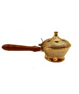 9&quot; Brass Charcoal Loban Resin Burner With Wood Handle for Yoga, Spa, Aroma - £16.73 GBP
