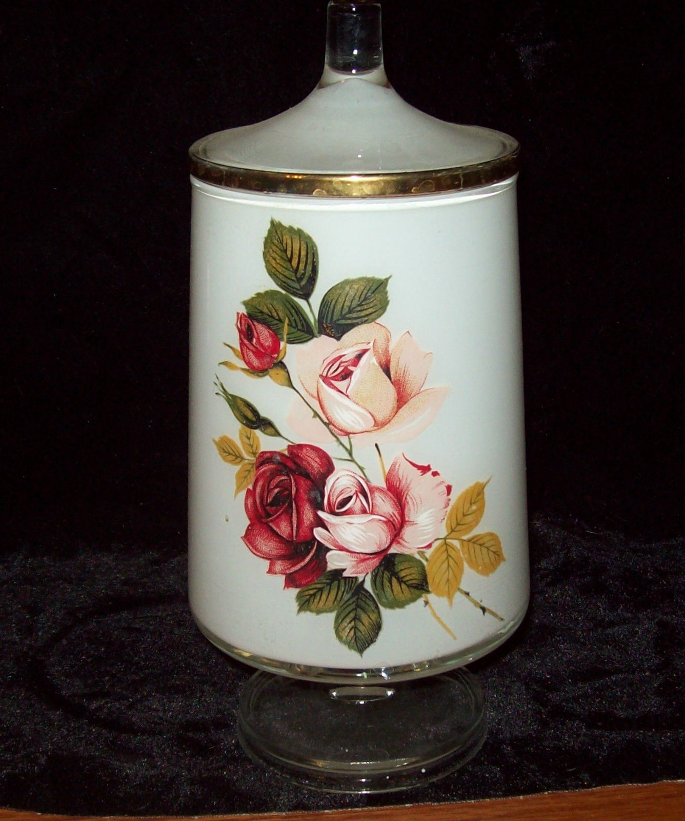 Rose Lidded Jar Bathroom Ginger Cotton Ball 9 1/2&quot; Tall 4&quot; Wide Glass Vi... - $10.00
