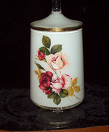 Rose Lidded Jar Bathroom Ginger Cotton Ball 9 1/2&quot; Tall 4&quot; Wide Glass Vi... - $10.00