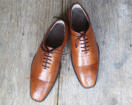 Handmade Men Cap Toe Brogue Tan Leather Stylish Dress Formal Lace Up Shoes - £115.89 GBP+