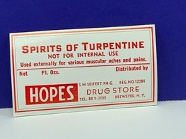 Drug store pharmacy ephemera label advertising Turpentine Hopes Brewster... - $11.83