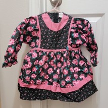 Vintage 80s Pink Black Floral Roses Longsleeve Dress Cotton Baby Girls 3T - $34.18