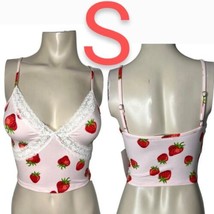 Y2k Pink, White &amp; Red Strawberry Print Design Cami Lace Crop Top~Size S - £16.96 GBP
