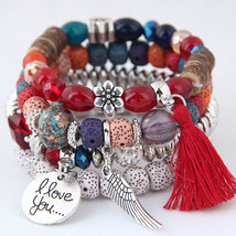 Kymyad Bohemia Bracelet For Women Handmade Wooden Beads Stone Bracelets Tassel E - £11.28 GBP