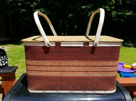 Vintage Redmon 1950s picnic basket wood lid metal handles  - £15.50 GBP