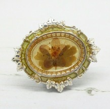 Beautiful French Vintage Ornate Enamel &amp; Pressed Flower BROOCH Pin Jewellery - £27.41 GBP