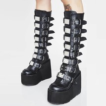 Women Knee High Boots Gothic Platform Creepers Punk Winter Goth Black High Heels - £63.26 GBP
