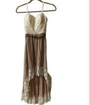 Lily Rose Off White Lace Tan Dress Hi Lo Hem Belted Cowgirl Coquette Festival XS - £19.54 GBP