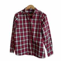 Lands&#39; End Womens No Iron Shirt Size 14P Button Front Red Plaid Supima Cotton - £17.78 GBP