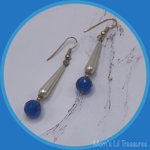 Fashion Elongated Teardrop Pearl & Blue Crystal Drop Dangle Earrings - Handmade - £6.15 GBP