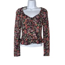Wild Fable Womens Cropped Shirt Size XS Juniors Black Floral Pullover V ... - $10.80