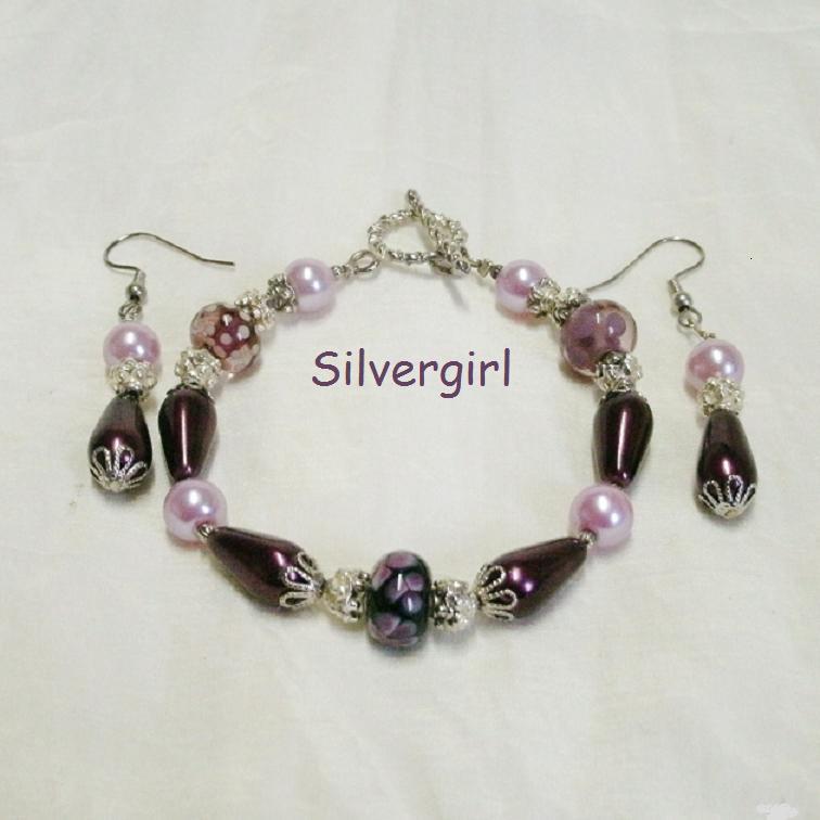 Plum Pudding Pearl Floral Lampwork Bracelet & Earring Set - $19.99