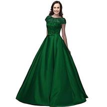 Kivary Beaded Sheer Lace A Line Satin Sash Long Prom Evening Dresses Dark Green  - £110.78 GBP