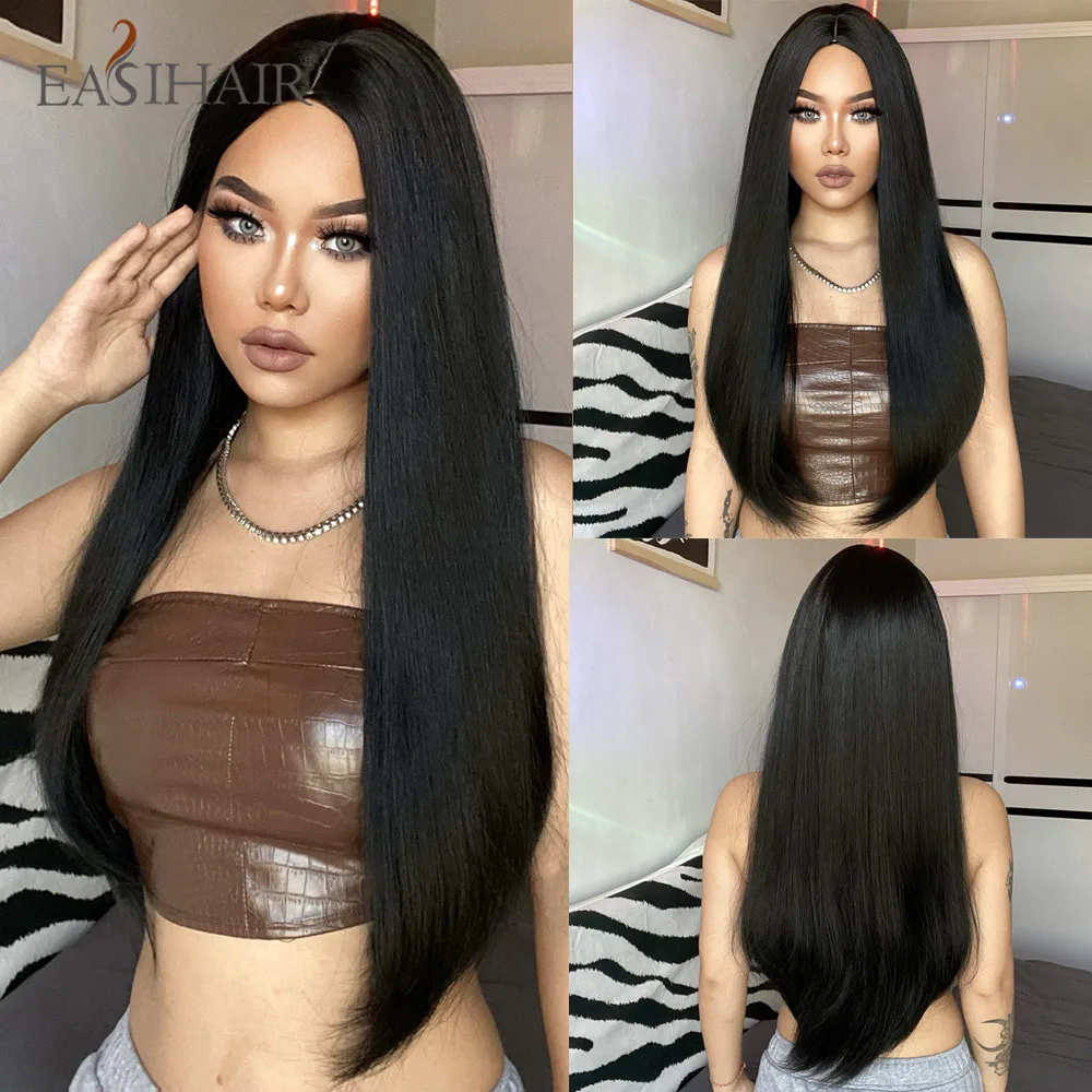 EASIHAIR Long Straight Black Synthetic Wig Middle Part Hair Wig for Black Women - £15.48 GBP+