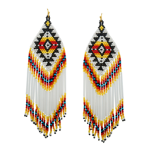 Beaded Aztec Pattern Tassel Drop Earrings White Black Red Yellow Native Handmade - £12.57 GBP