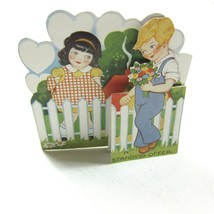 Vintage Valentine Card 1931 Fold Stand Girl &amp; Boy w/ Flowers White Picket Fence - £11.71 GBP