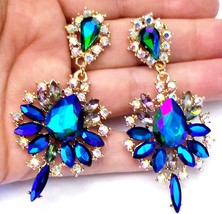 Chandelier Earrings Blue Rhinestone Crystal Bridal Prom Pageant 3 inch Drag Quee - £29.44 GBP