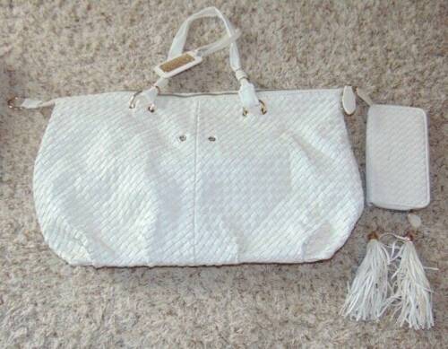 Primary image for Womens Purse & Wallet Bebe Cream White Weaved Large Satchel Hobo Shoulder Bag