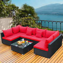 7Pcs Rattan Patio Conversation Set Sectional Furniture Set W/ Red Cushion - $1,070.67