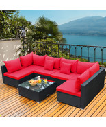 7Pcs Rattan Patio Conversation Set Sectional Furniture Set W/ Red Cushion - £851.09 GBP