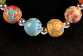 Soft Pastels Polymer Clay Beaded Necklace Pattern Beads Orange Blue Elastic 20&quot; - £15.81 GBP