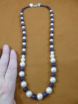 (v306-J) 24&quot; purple Amethyst gemstone + white Mother of Pearl beaded Necklace - £67.24 GBP