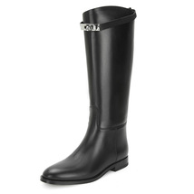 New Autumn Winter Boots Knight Metal Decor Flats Knee High Boots Women Brown Lea - £113.00 GBP