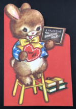 1950s Rust Craft Bunny Rabbit Student Anthropomorphic Valentine Greeting Card - £8.20 GBP