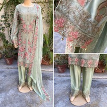 Pakistani Light Green 3Pcs Fancy  Chiffon Dress with embroidery &amp; Squins... - £89.67 GBP