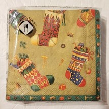 Christmas 5&quot; Cocktail Paper Napkins Stockings Toys Gold Mesafina SEALED  - $3.95